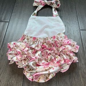 Baby backless halter satin like floral ruffle bottom romper